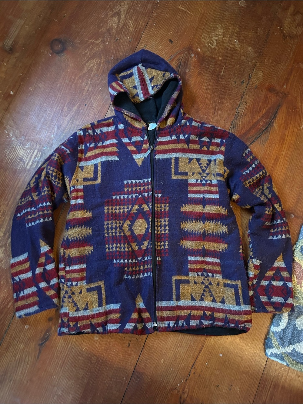 Southwestern Pattern Zip Hoodie - Navy, Mustard & Burgundy